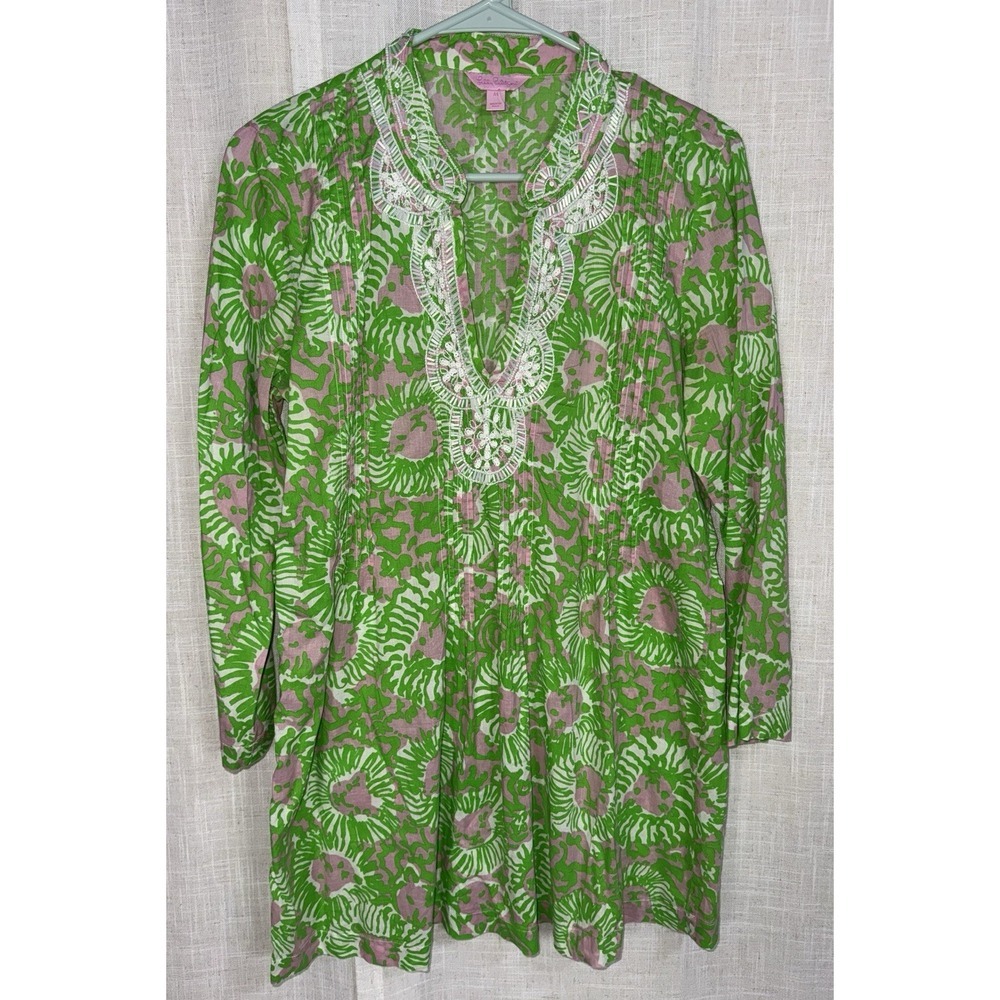 Lilly Pulitzer Women's Embellished Tunic‎ Green Pink SunnySide Lion Size Medium